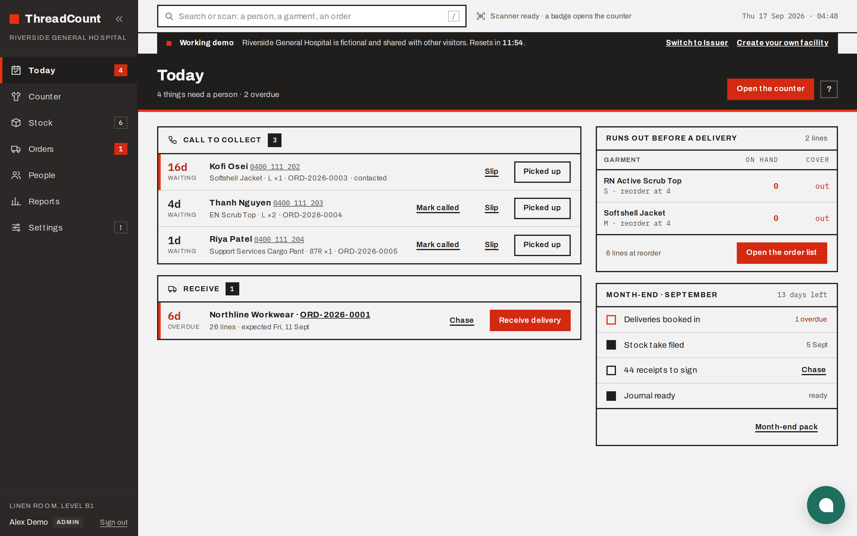 The dashboard: what is low, what is on order, what was issued today